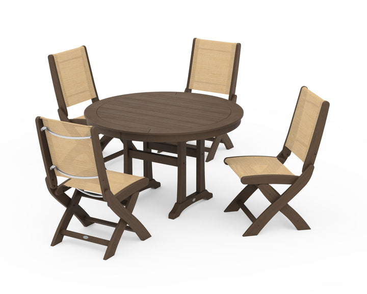 POLYWOOD® Coastal Folding Side Chair 5-Piece Round Dining Set With Trestle Legs