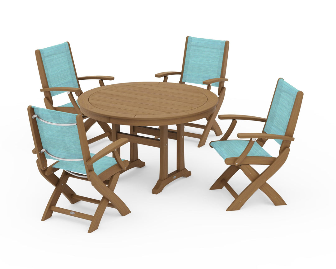 POLYWOOD® Coastal Folding Chair 5-Piece Round Dining Set with Trestle Legs