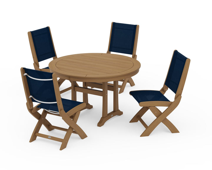 POLYWOOD® Coastal Folding Side Chair 5-Piece Round Dining Set With Trestle Legs