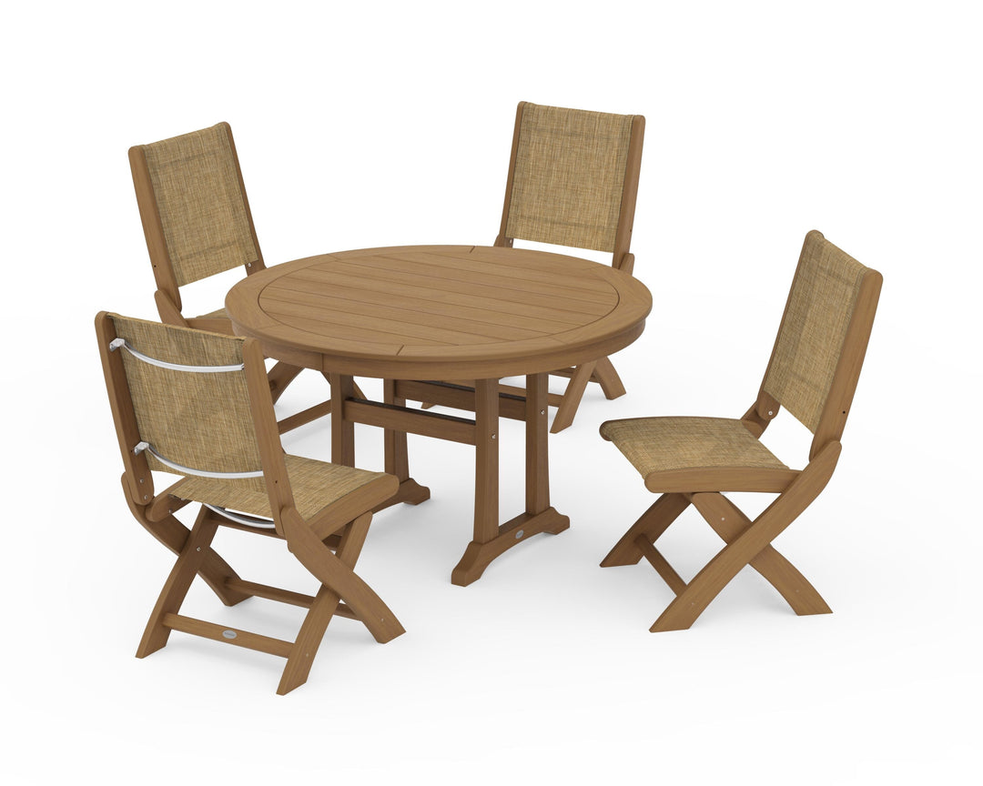 POLYWOOD® Coastal Folding Side Chair 5-Piece Round Dining Set With Trestle Legs