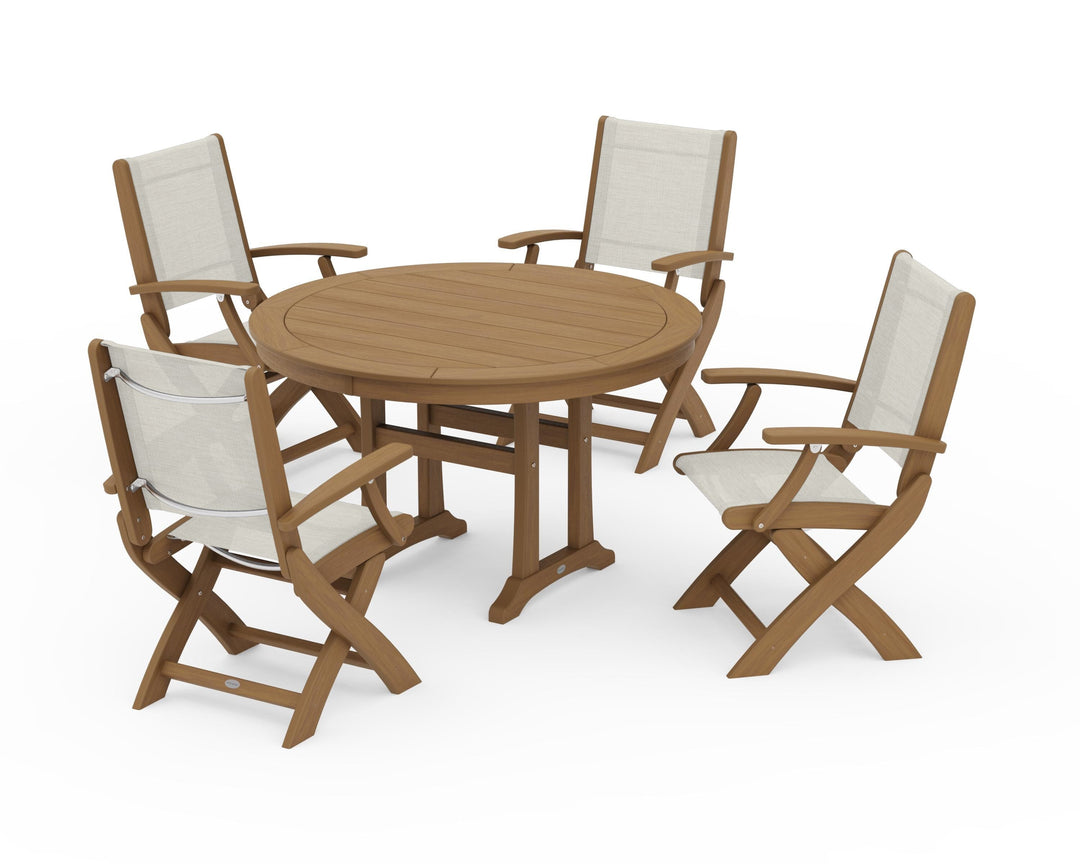 POLYWOOD® Coastal Folding Chair 5-Piece Round Dining Set with Trestle Legs