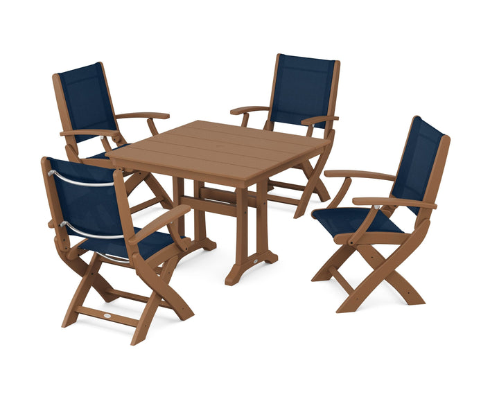 POLYWOOD® Coastal Folding Chair 5-Piece Farmhouse Dining Set With Trestle Legs