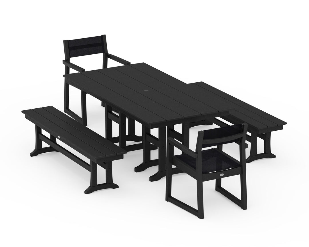 POLYWOOD® EDGE Sling Arm Chair 5-Piece Farmhouse Dining Set with Benches