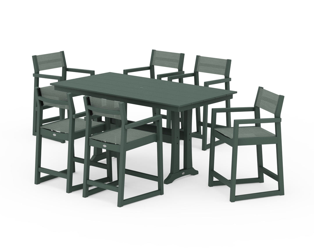 POLYWOOD® EDGE Sling Arm Chair 7-Piece Farmhouse Counter Set with Trestle Legs