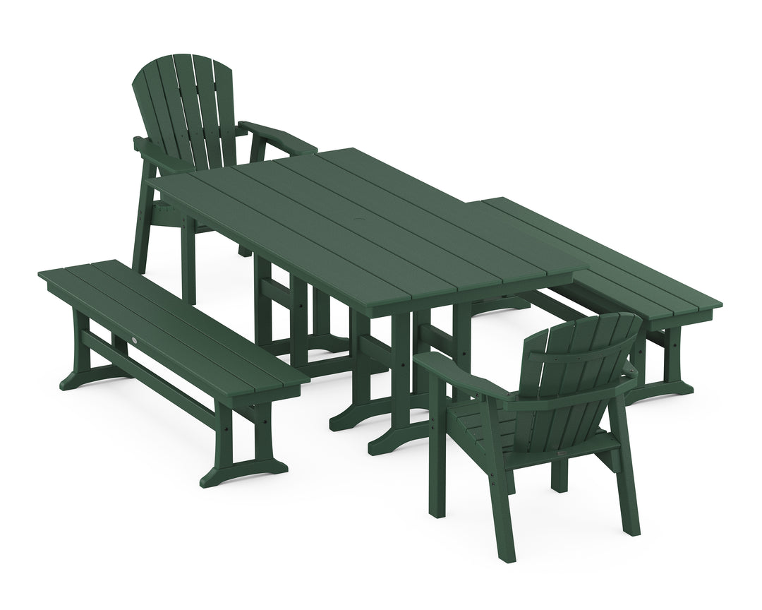 POLYWOOD® Seashell 5-Piece Farmhouse Dining Set with Benches