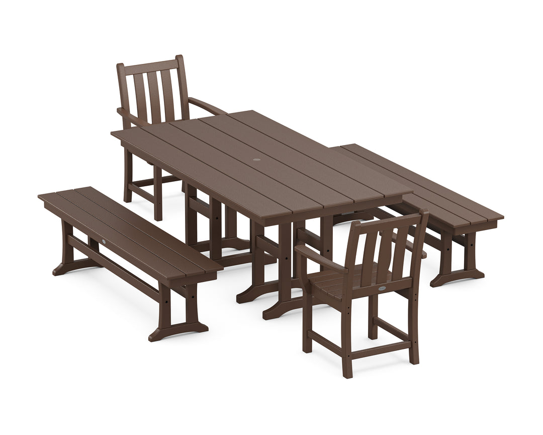 POLYWOOD® Traditional Garden 5-Piece Farmhouse Dining Set with Benches