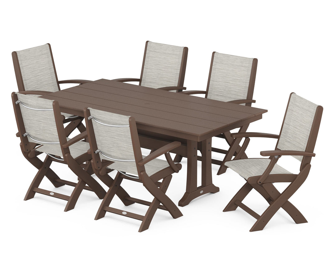 POLYWOOD® Coastal Folding Arm Chair 7-Piece Farmhouse Dining Set with Trestle Legs