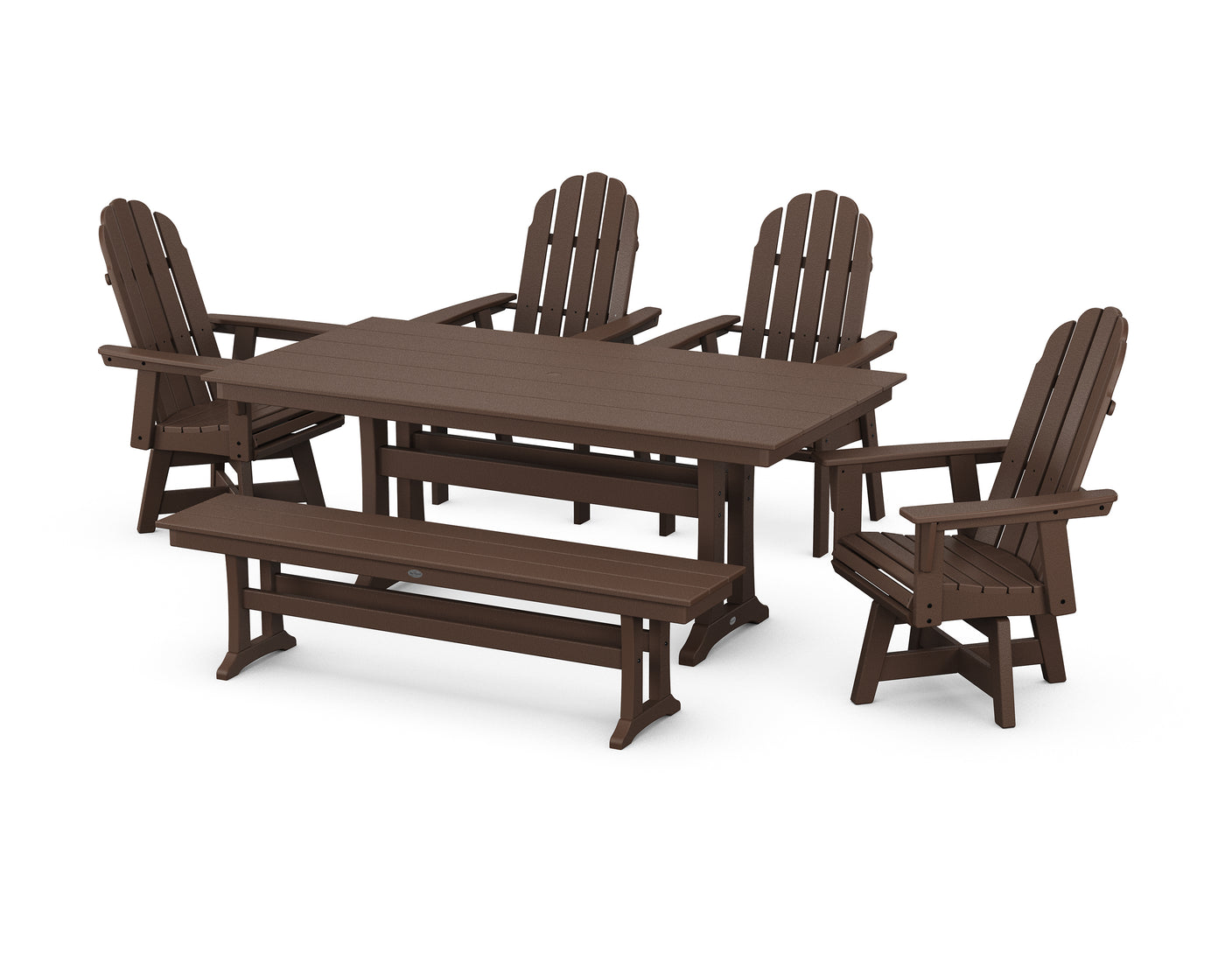 Vineyard Curveback Adirondack 6-Piece Swivel Chair Farmhouse Dining Set with Trestle Legs and Bench