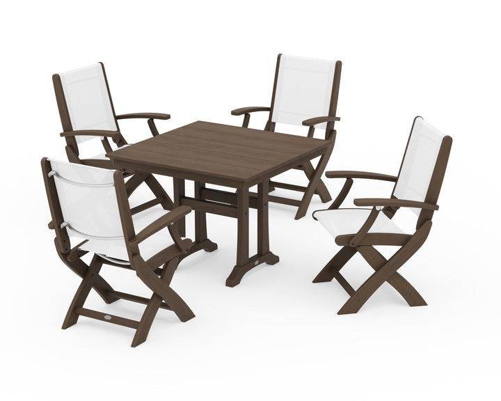 POLYWOOD® Coastal Folding Chair 5-Piece Farmhouse Dining Set With Trestle Legs