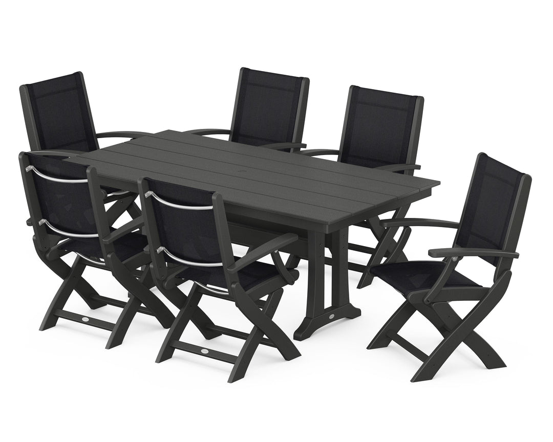 POLYWOOD® Coastal Folding Arm Chair 7-Piece Farmhouse Dining Set with Trestle Legs