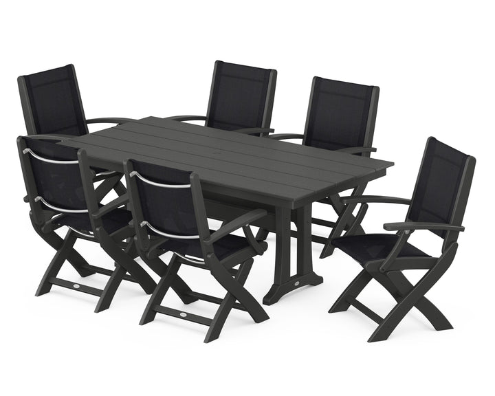 POLYWOOD® Coastal Folding Arm Chair 7-Piece Farmhouse Dining Set with Trestle Legs