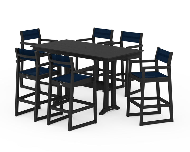 POLYWOOD® EDGE Sling Arm Chair 7-Piece Farmhouse Bar Set with Trestle Legs