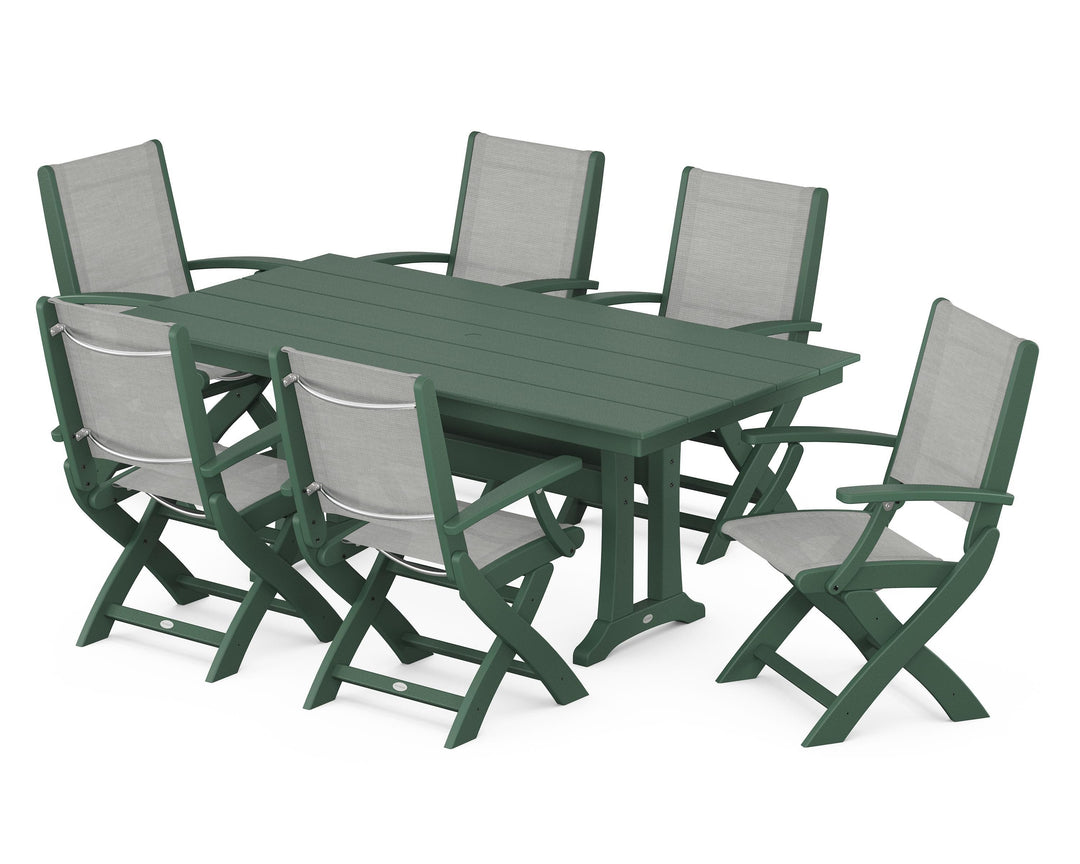POLYWOOD® Coastal Folding Arm Chair 7-Piece Farmhouse Dining Set with Trestle Legs