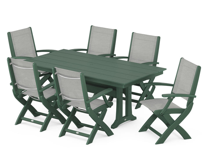 POLYWOOD® Coastal Folding Arm Chair 7-Piece Farmhouse Dining Set with Trestle Legs