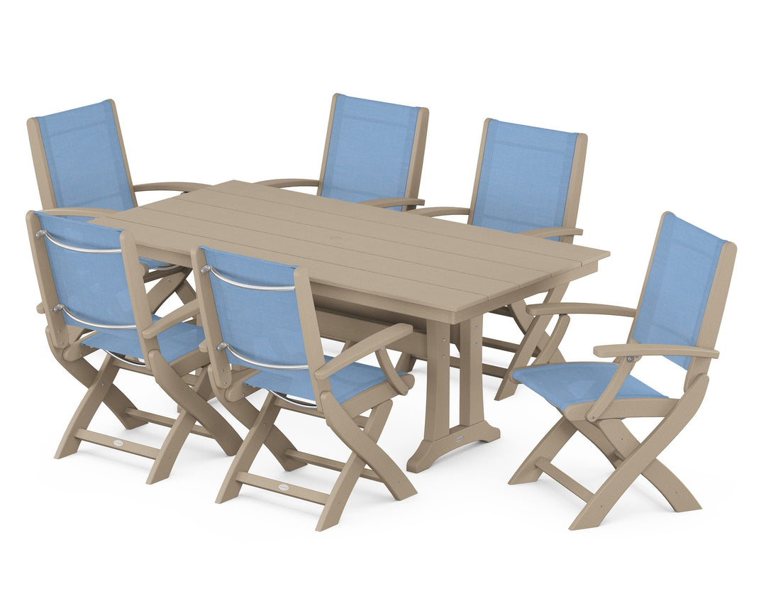 POLYWOOD® Coastal Folding Arm Chair 7-Piece Farmhouse Dining Set with Trestle Legs