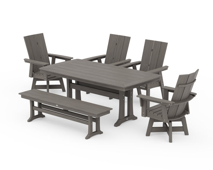 POLYWOOD® Modern Curveback Adirondack Swivel Chair 6-Piece Dining Set with Trestle Legs and Bench