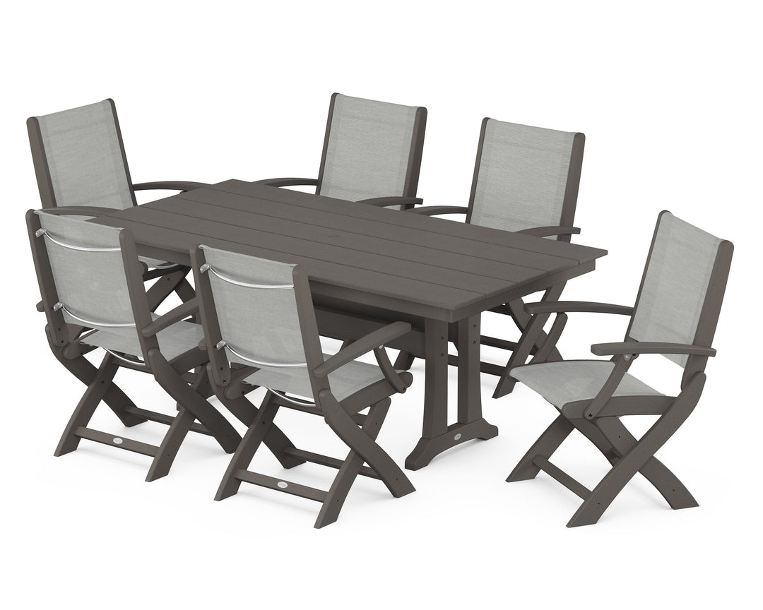 POLYWOOD® Coastal Folding Arm Chair 7-Piece Farmhouse Dining Set with Trestle Legs