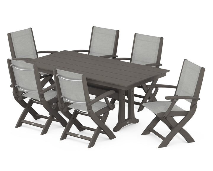 POLYWOOD® Coastal Folding Arm Chair 7-Piece Farmhouse Dining Set with Trestle Legs