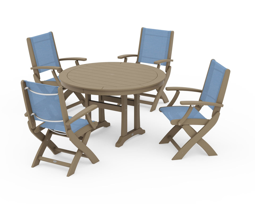 POLYWOOD® Coastal Folding Chair 5-Piece Round Dining Set with Trestle Legs