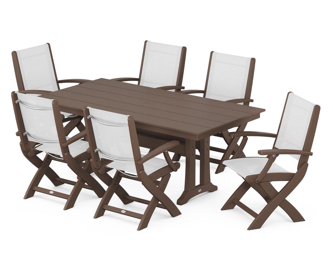POLYWOOD® Coastal Folding Arm Chair 7-Piece Farmhouse Dining Set with Trestle Legs