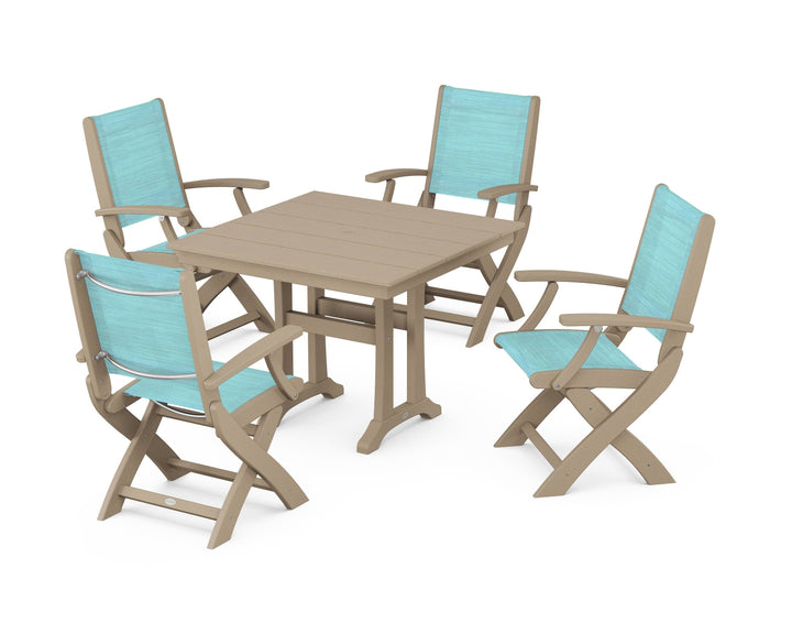 POLYWOOD® Coastal Folding Chair 5-Piece Farmhouse Dining Set With Trestle Legs