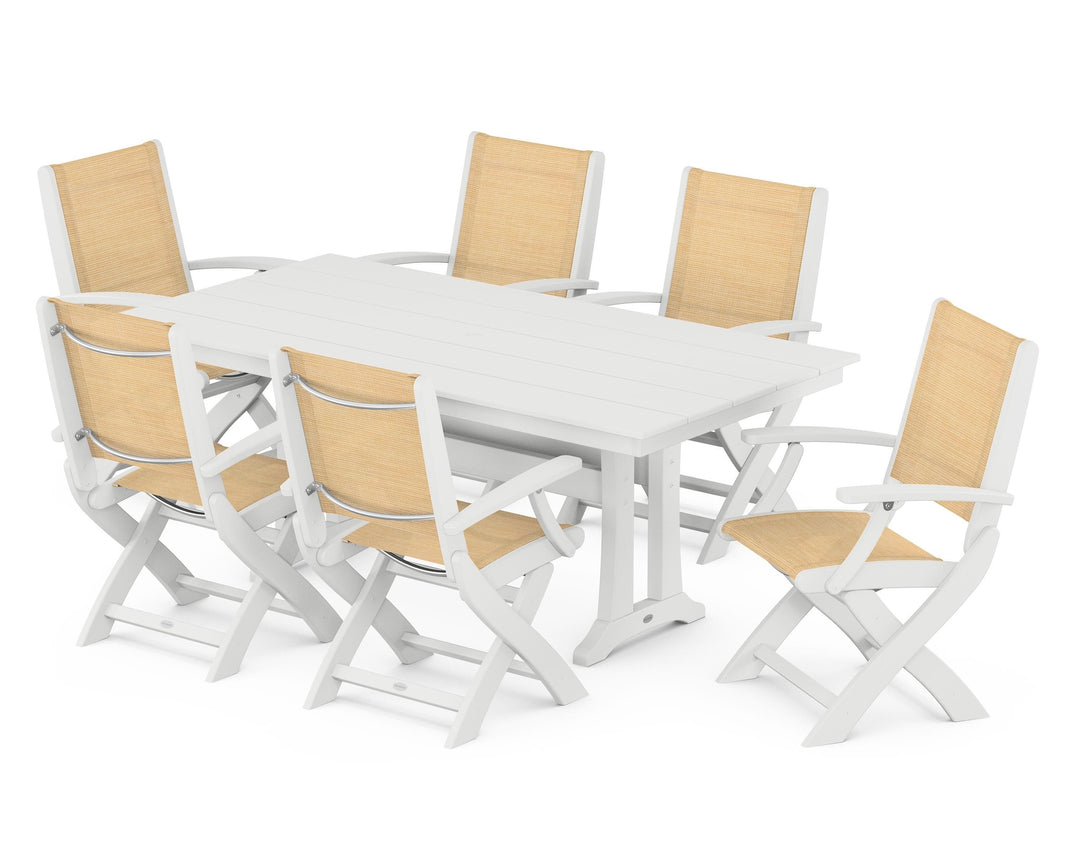 POLYWOOD® Coastal Folding Arm Chair 7-Piece Farmhouse Dining Set with Trestle Legs