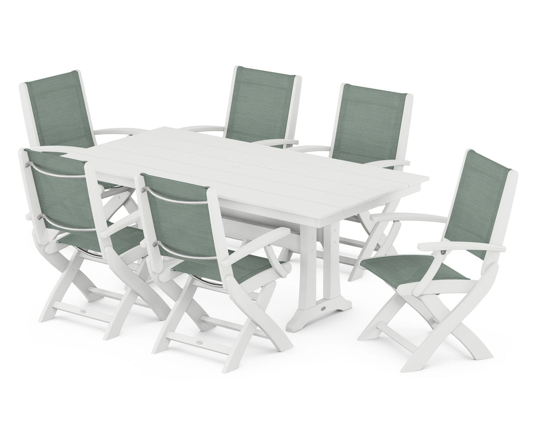 POLYWOOD® Coastal Folding Arm Chair 7-Piece Farmhouse Dining Set with Trestle Legs