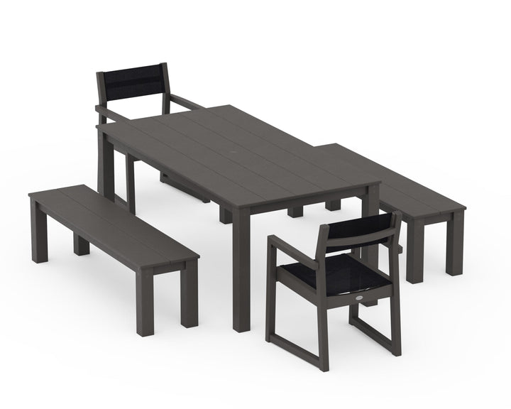 POLYWOOD® EDGE Sling Arm Chair 5-Piece Parsons Dining Set with Benches