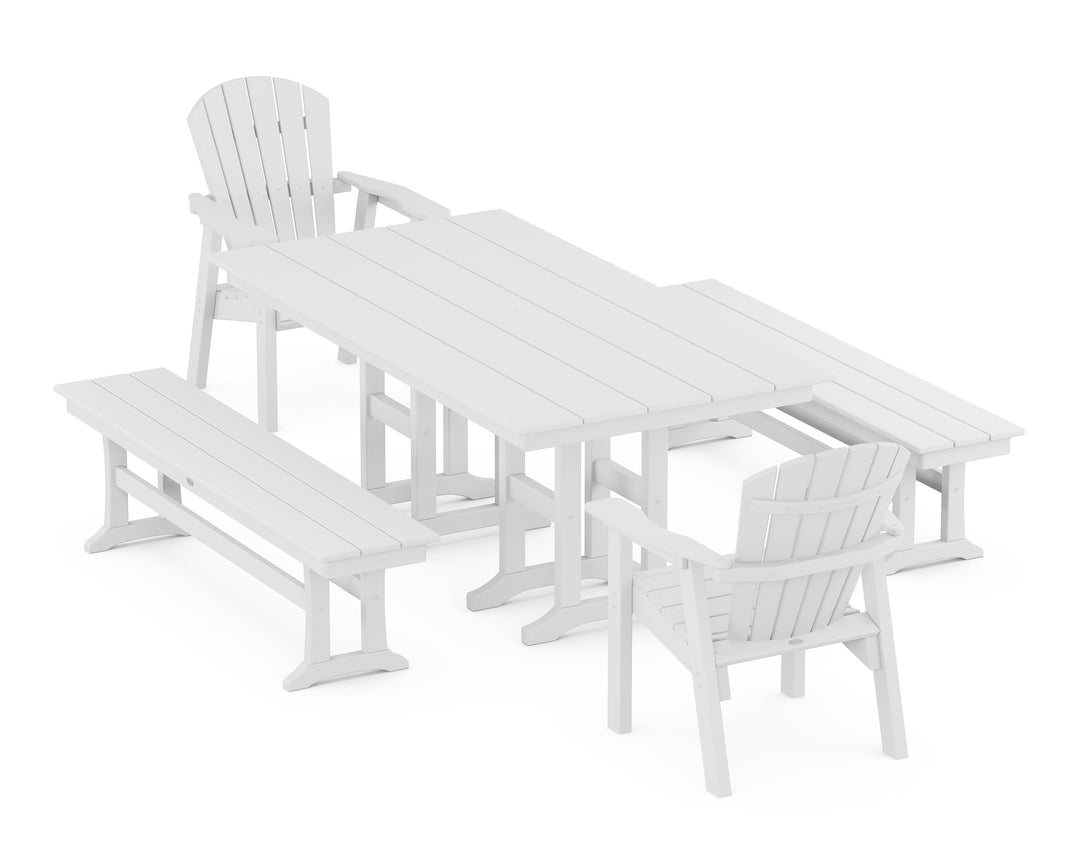 POLYWOOD® Seashell 5-Piece Farmhouse Dining Set with Benches