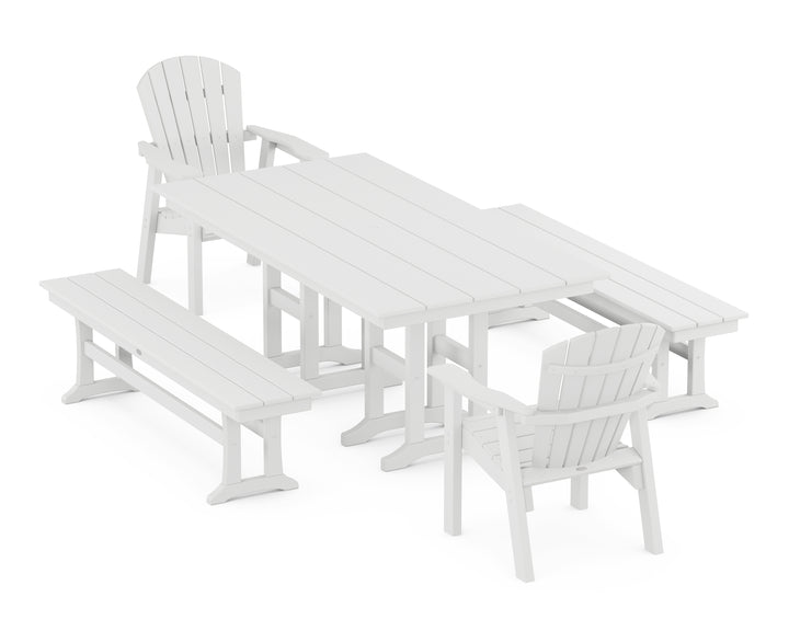 POLYWOOD® Seashell 5-Piece Farmhouse Dining Set with Benches