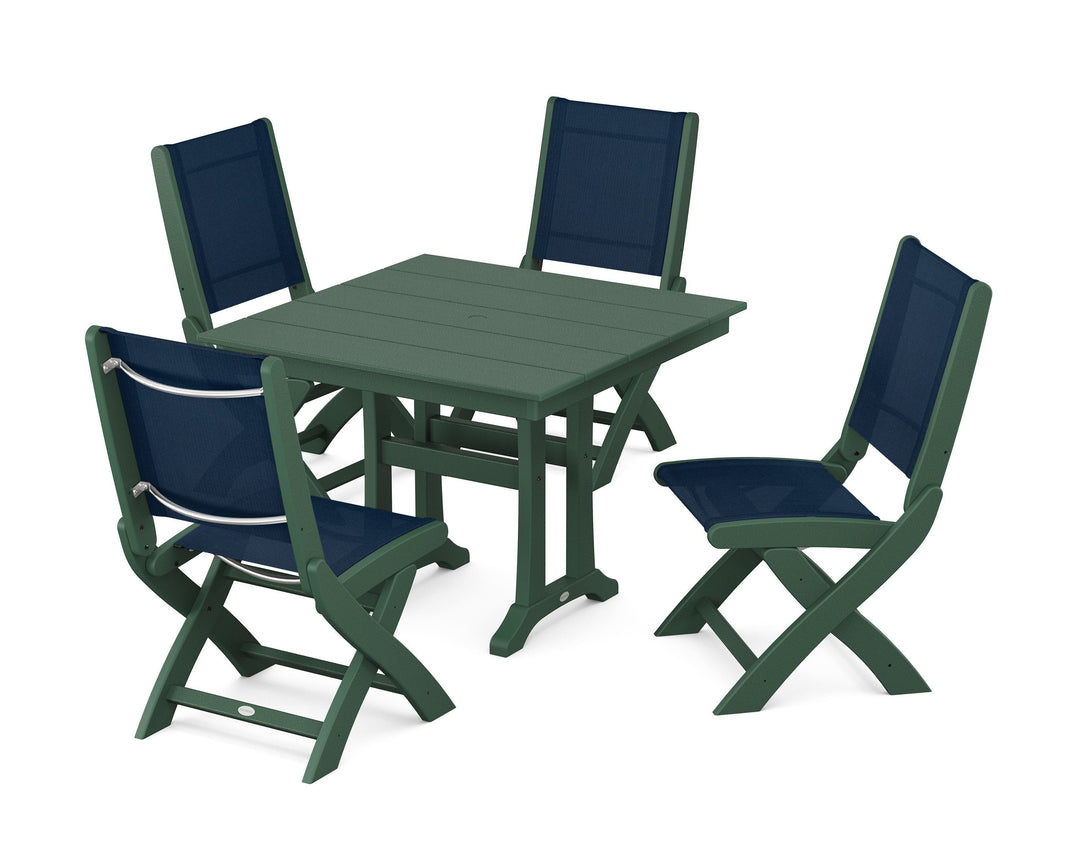 POLYWOOD® Coastal Folding Side Chair 5-Piece Farmhouse Dining Set With Trestle Legs