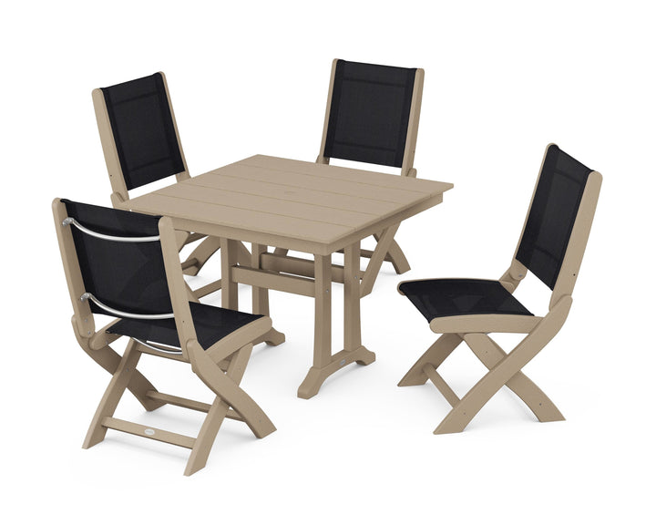 POLYWOOD® Coastal Folding Side Chair 5-Piece Farmhouse Dining Set With Trestle Legs