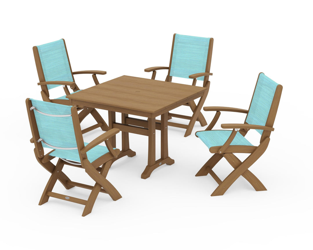 POLYWOOD® Coastal Folding Chair 5-Piece Farmhouse Dining Set With Trestle Legs