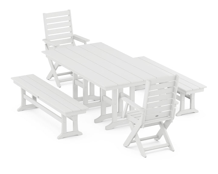 POLYWOOD® Captain Folding Chair 5-Piece Farmhouse Dining Set with Benches