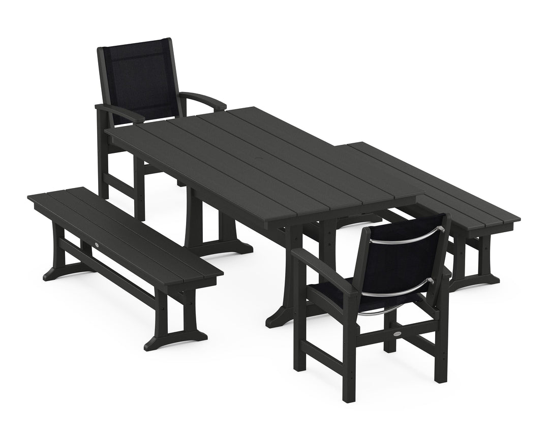 POLYWOOD® Coastal 5-Piece Farmhouse Dining Set with Trestle Legs and Benches