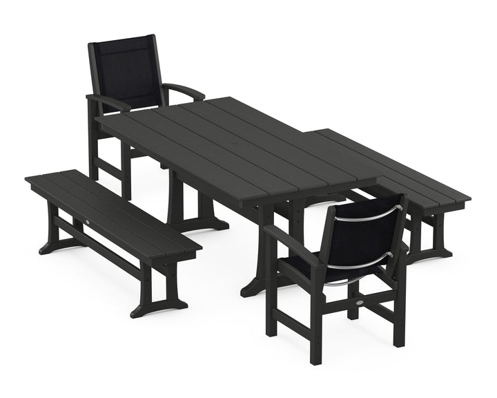POLYWOOD® Coastal 5-Piece Farmhouse Dining Set with Trestle Legs and Benches