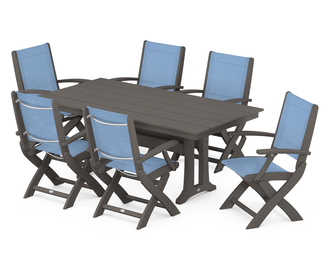 POLYWOOD® Coastal Folding Arm Chair 7-Piece Farmhouse Dining Set with Trestle Legs