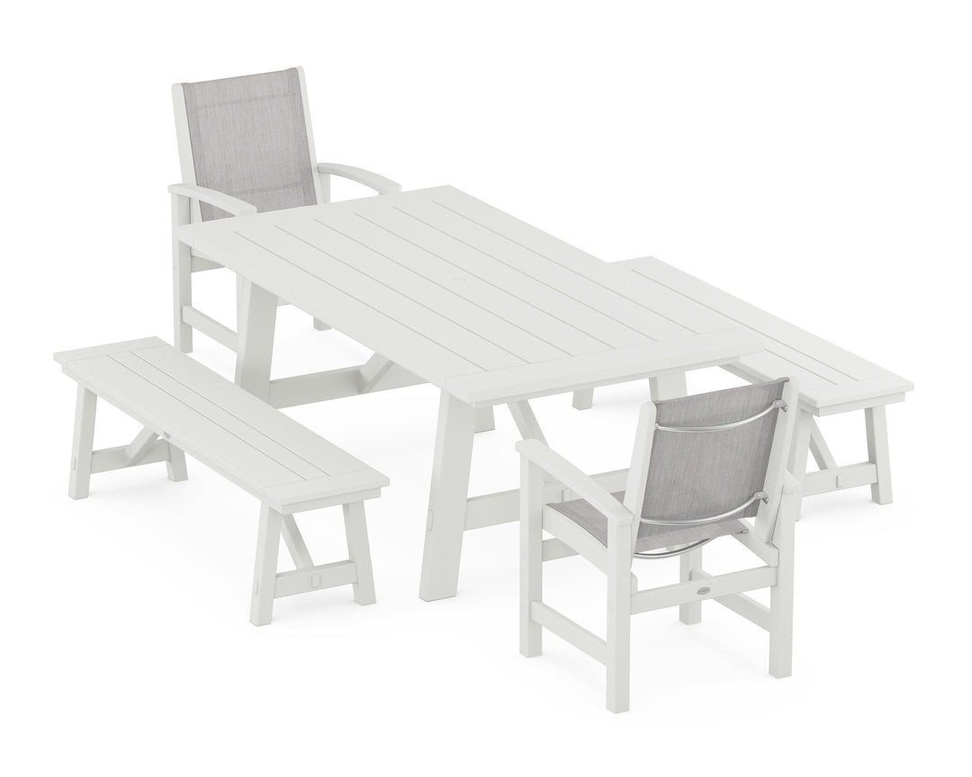 POLYWOOD® Coastal 5-Piece Rustic Farmhouse Dining Set With Benches