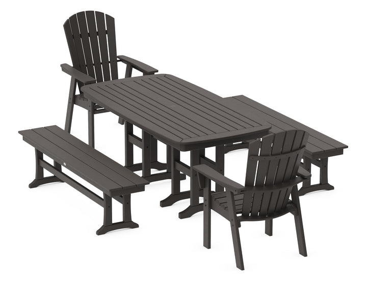 POLYWOOD® Nautical Curveback Adirondack 5-Piece Dining Set with Benches