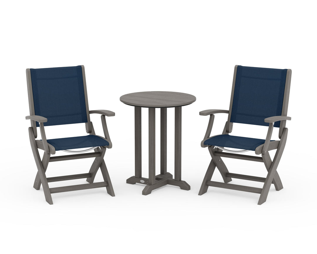 POLYWOOD® Coastal Folding 3-Piece Round Bistro Dining Set