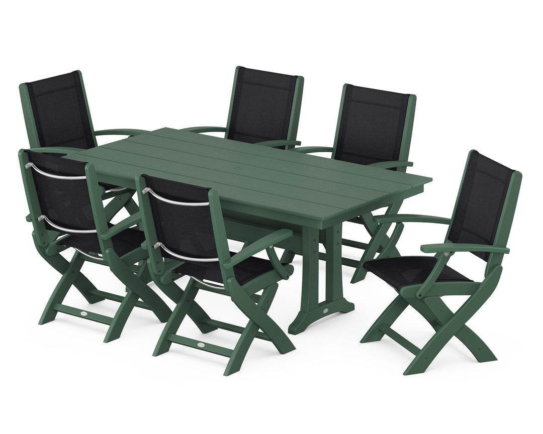 POLYWOOD® Coastal Folding Arm Chair 7-Piece Farmhouse Dining Set with Trestle Legs