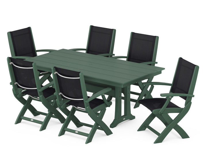 POLYWOOD® Coastal Folding Arm Chair 7-Piece Farmhouse Dining Set with Trestle Legs