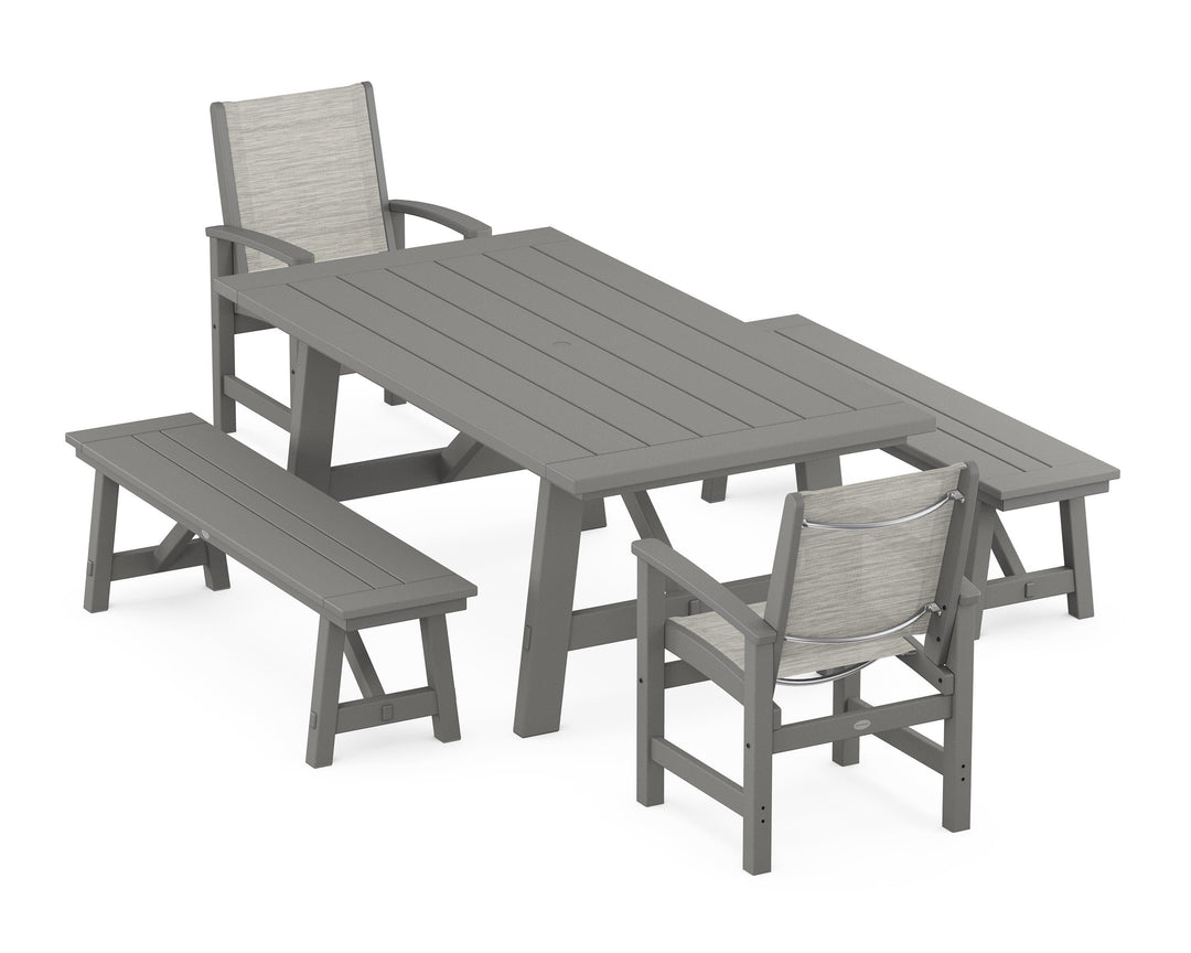 POLYWOOD® Coastal 5-Piece Rustic Farmhouse Dining Set With Benches