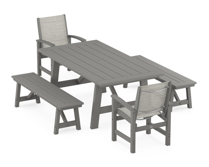 POLYWOOD® Coastal 5-Piece Rustic Farmhouse Dining Set With Benches