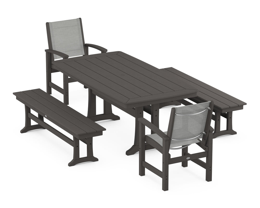 POLYWOOD® Coastal 5-Piece Dining Set with Trestle Legs and Benches
