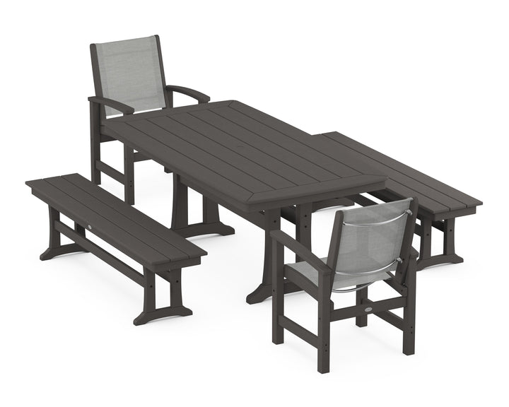 POLYWOOD® Coastal 5-Piece Dining Set with Trestle Legs and Benches