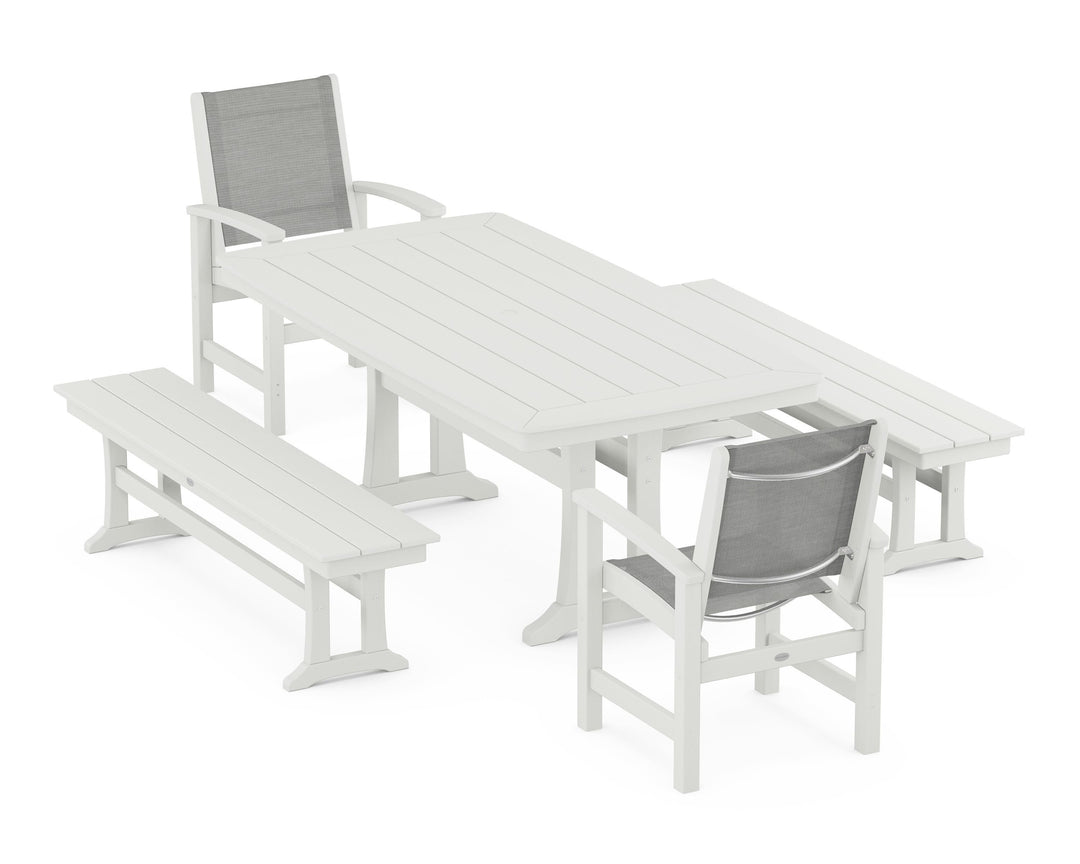 POLYWOOD® Coastal 5-Piece Dining Set with Trestle Legs and Benches