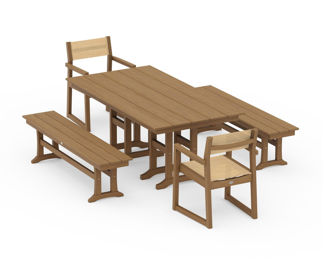 POLYWOOD® EDGE Sling Arm Chair 5-Piece Farmhouse Dining Set with Benches