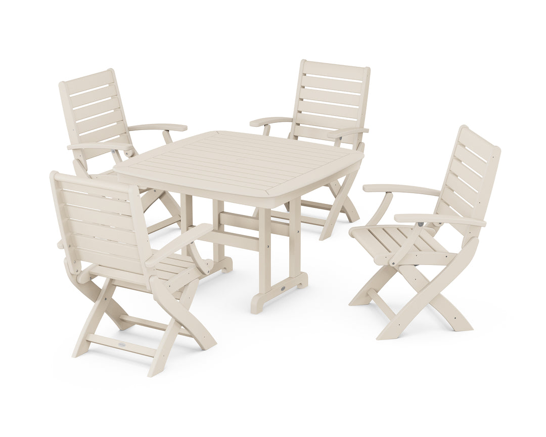 POLYWOOD® Signature Folding Chair 5-Piece Dining Set with Nautical Dining Table and Trestle Legs