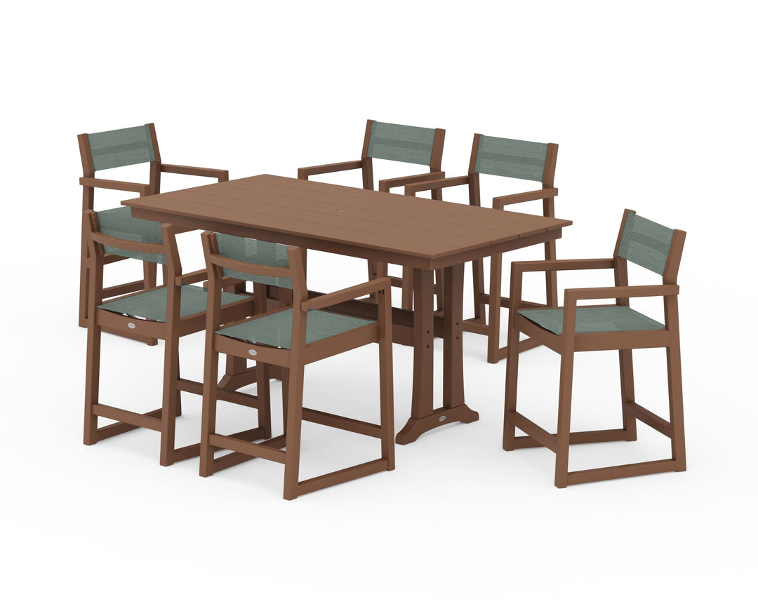 POLYWOOD® EDGE Sling Arm Chair 7-Piece Farmhouse Counter Set with Trestle Legs